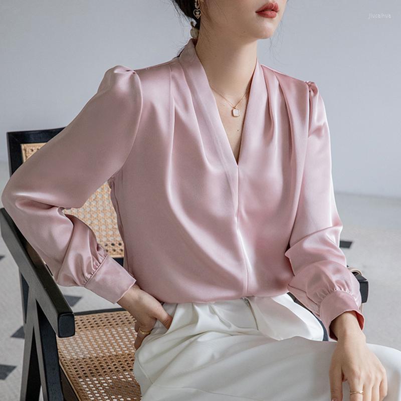 

Women's Blouses 2023 Korean Fashion Workwear Shirt V-neck Long Sleeve Satin Office Lady Blouse Solid Color Women Tops Blusa, Blue