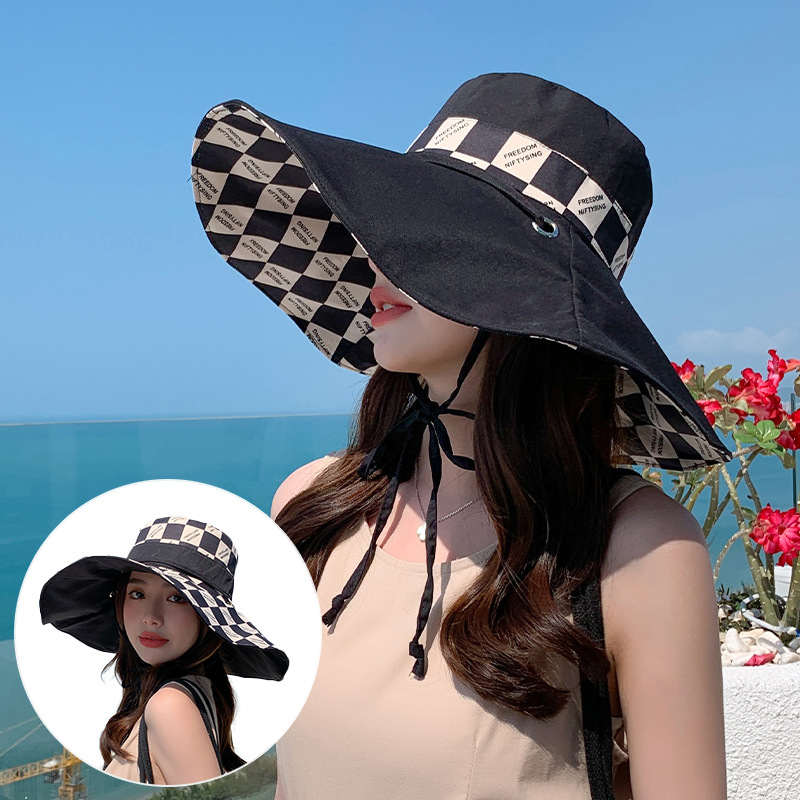 

Designer Checked Foldable Bucket Hat Double Sided Wear Fashion Ladies Summer Fishing Cap Wide Brim Bamboo Hats Womens Beach Sun Visor Black Orange Beige Pink Khaki