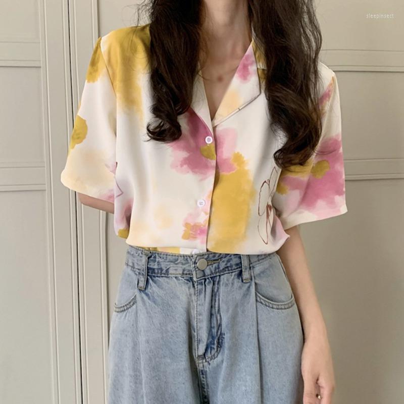 

Women' Blouses Retro Hong Kong Style Female Summer Loose Shirt Tie-dye Printing Women Short-sleeved Casual