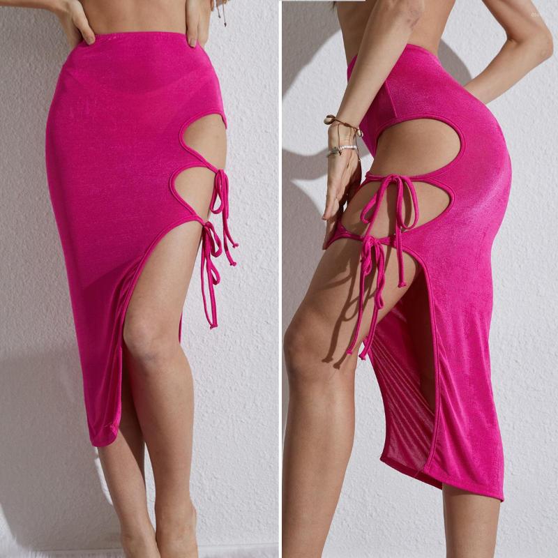 

Skirts BKLD Solid Color Side Lace-Up Hollow Out High Waist Split Sexy Slim Beach Vacation Outfits Skirt 2023 Summer Womens Clothing, Rose