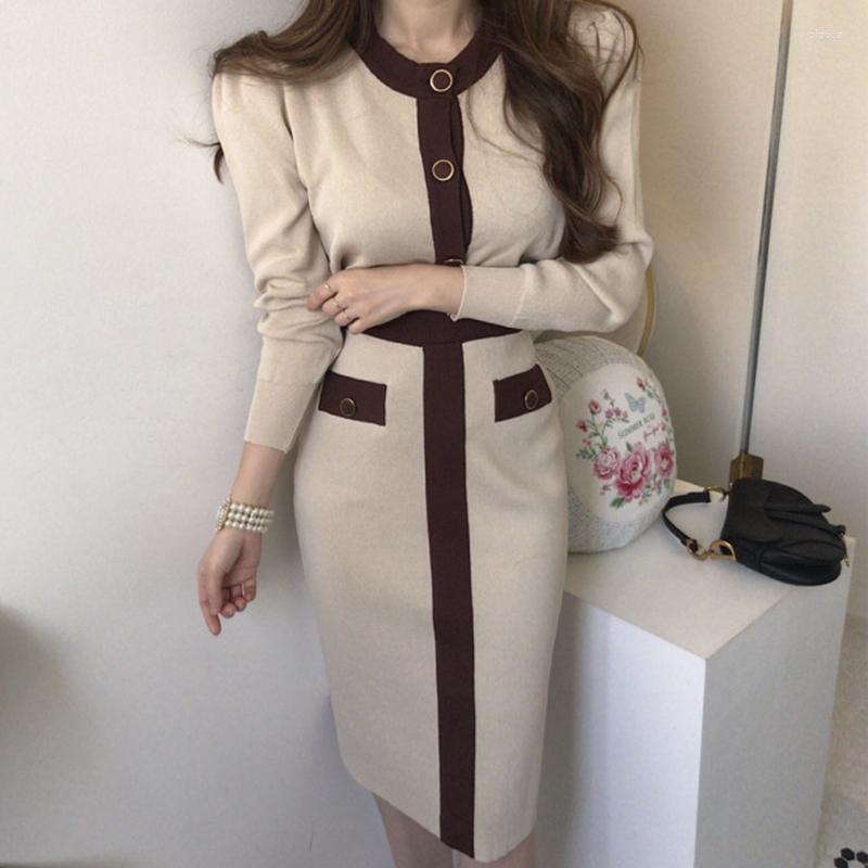 

Work Dresses 2023Autumn Korean Knitted Color Blocked Two Piece Sets Women Long Sleeve Cardigan Elastic Waist Skirt Suits Outfit, Beige