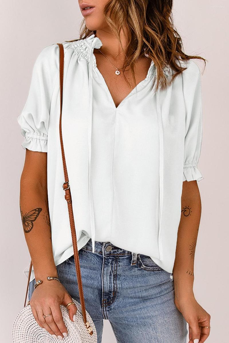 

Women's Blouses White Split Frill Neck Puff Sleeve Blouse For Women Top