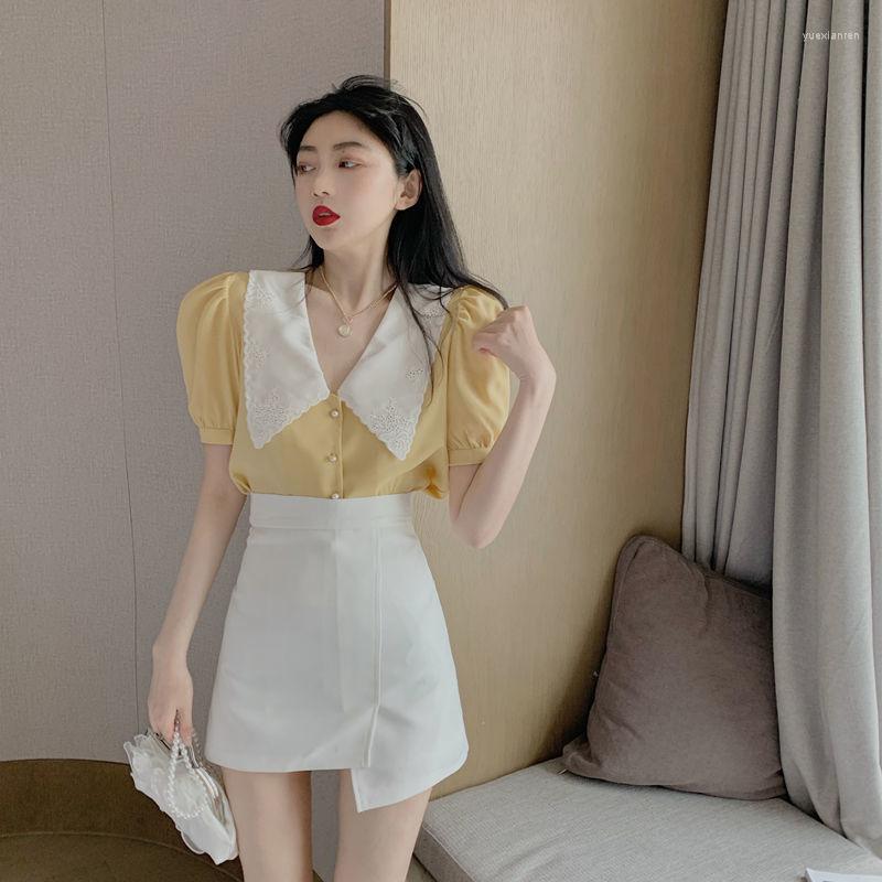 

Work Dresses 2023 French Retro Bubble Sleeve Doll Collar Embroidered Shirt Top Irregular High Waist A-line Half Skirt Female Y2K, Two pieces