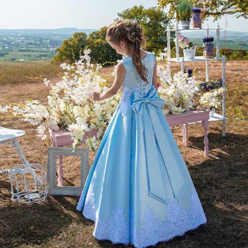 

Girl Dresses Elegant Blue Flower Satin Princess Sleeveless White Lace Appliques Bow Up Pleat Holy Communion, Champagne