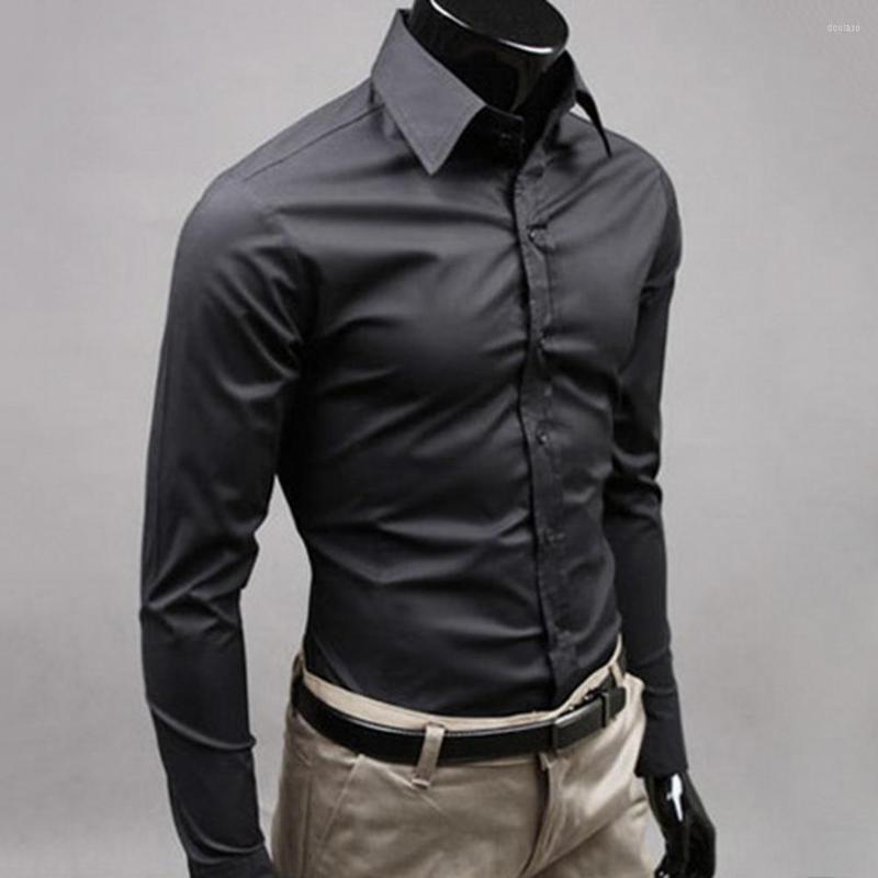 

Men's Dress Shirts Elegant Snap Shirt Slim Fit Solid Color Cotton Long Sleeve, Navy blue