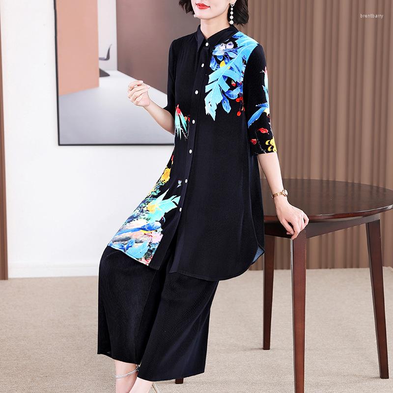 

Women's Two Piece Pants Set Women Top And Vintage Casual Stretch Miyake Pleated Half Sleeve Single Breasted Wide Leg Suit, Cyan top pant