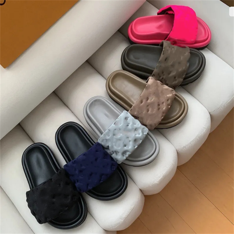 

top quality women designer slipper slide sandal summer L brand corium shoes color genuine leathe classic beach casual genuine leather sandle woman slippers With Box, Blue