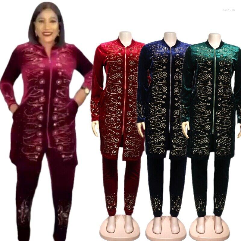 

Ethnic Clothing African Clothes Luxury Women Diamonds Velvet Blouse Tops Long Pants Cocktail Party Outfits L-2XL