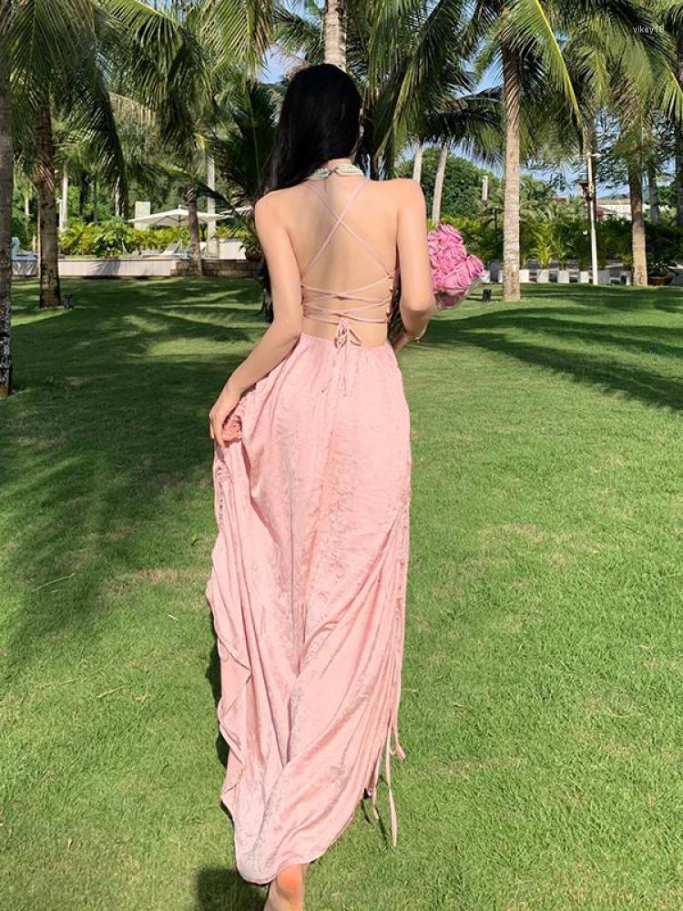 

Casual Dresses Sweet Cute Backless Beach Dress Sexy Slim Sleeveless Pleated Bow A-line Bandage For Women Summer Lady Elegant Fashion, Pink