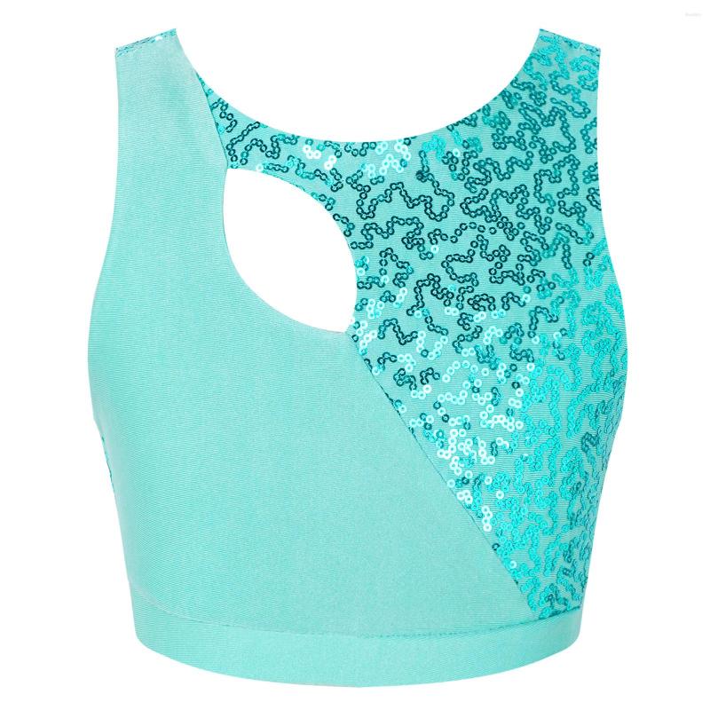 

Stage Wear Kids Girls Dance Tops Shiny Sequins Sleeveless Cross Back Lyrical Jazz Latin Modern Crop Top Children Performance Costume, Black