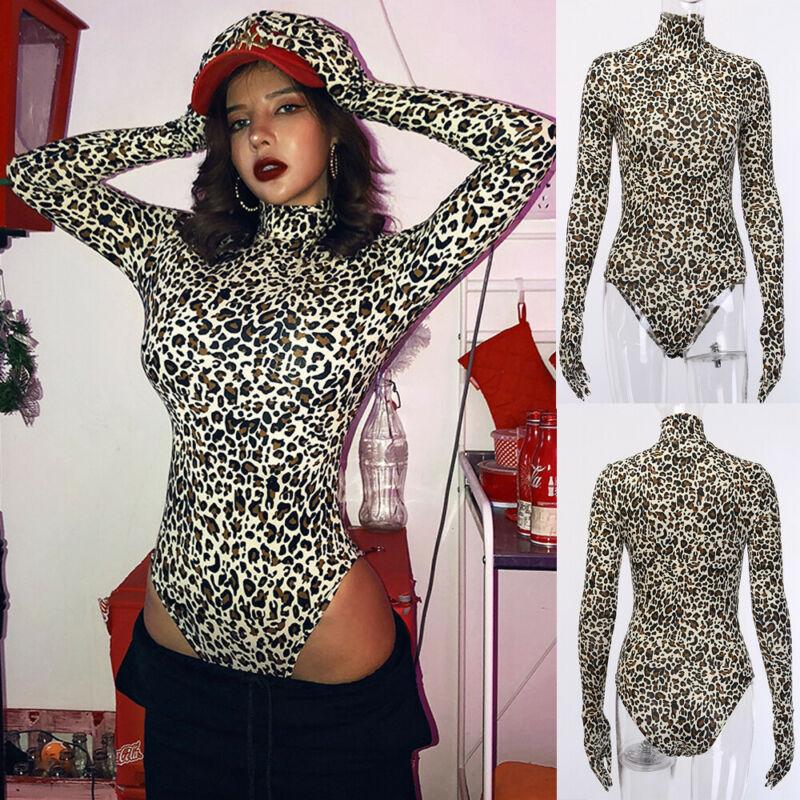 

Women' Jumpsuits & Rompers Women Sexy Leopard Print Zip Neck Bodysuit Ladies Long Sleeve Romper Body Top, Picture shown
