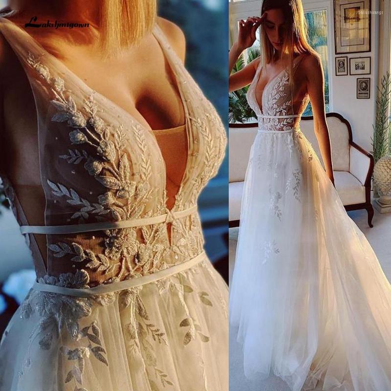 

Wedding Dress Summer Lace Bohemian Dresses 2023 V Neck Boho Bride Tulle Beach Bridal Gown Trouwjurk Lakshmigown, White