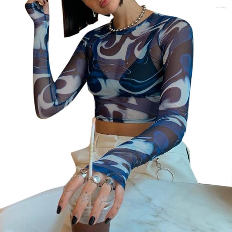

Women' T Shirts Women T-shirt Y2k Slim O Neck Irregular Printing Long Sleeve Crop Tops See Through Sexy Print Tee Female Summer, Blue