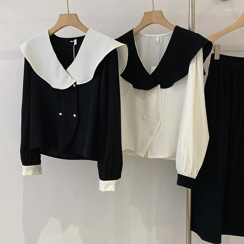 

Women's Blouses Elegant Double Breasted Blouse Spring Sweet Vintage Pearl Button Tops Long Sleeve Fashion Contrast Color Shirts Woman, White