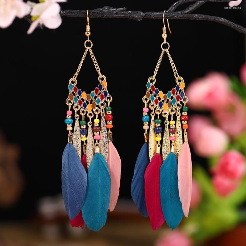 

Dangle Earrings Fashion Bohemian Long Feather For Women Colorful Resin Bead Metal Tassel Gypsy Festival Jewelry