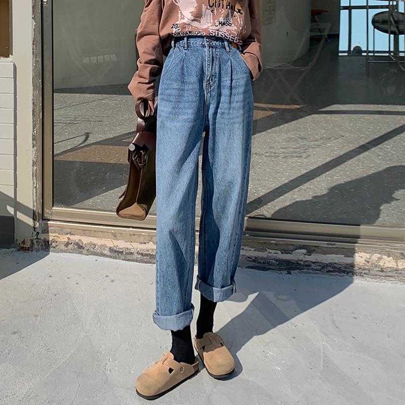 

Spring Retro Washed Distressed Blue Jeans Loose Fitting High Waist Slimming And, Blue5