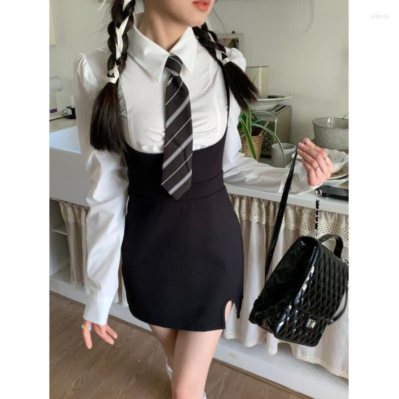 

Work Dresses Korean-style College Suit Women' Long-sleeved Turn-down Collar White Shirt Slim Black Strap Dress Two-piece Set Female, 2pc set