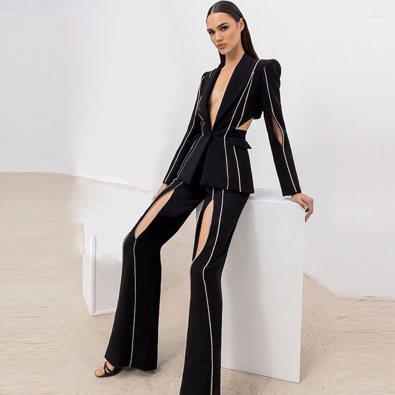 

Women' Two Piece Pants 2023 Fashionable Woman Set Shining Diamonds Sexy Backless Notched Suit Jacket And Hollow Out Flare 2 Pieces, Black