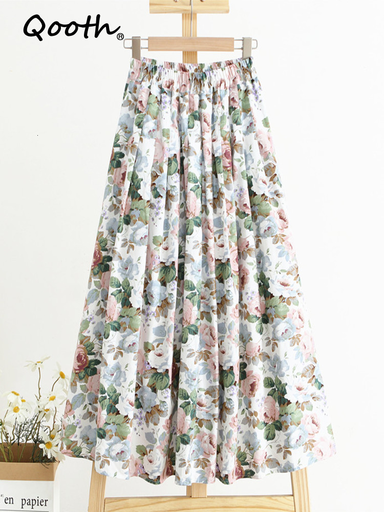 

Skirts Qooth Spring Summer Women High-waisted Floral Printed Skirts Women Casual Midi Skirt With Big Swing QT1713 230414, Green1