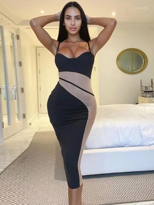 

Casual Dresses Sexy Sling Perspective Mesh Slim Maxi Dress For Women Sleeveless Night Club Party Long 2023 Summer Clothes, Black