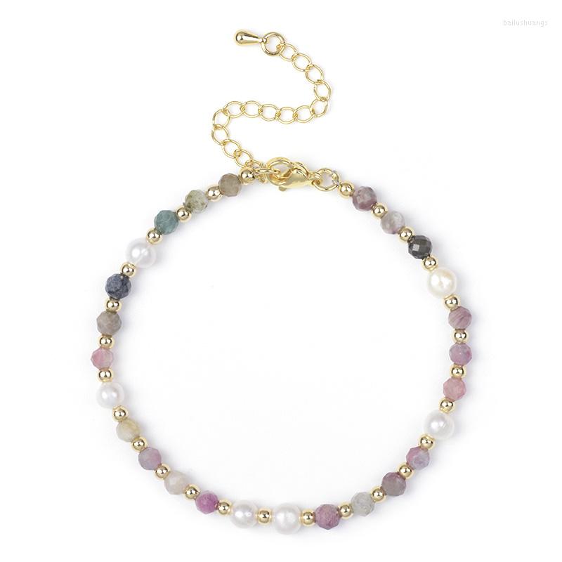 

Strand 18 5cm Round Faceted Aquamarine Tourmaline Black Onyx Natural Stone Bead Bracelet Freshwater Pearl