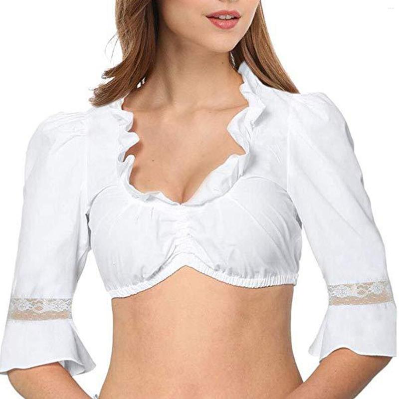 

Women' Blouses Elegant Lace V-Neck Womens Tops And Ruffled Half Sleeve Blouse For Oktoberfest Wrap Crop Top Solid Color Pullover, White