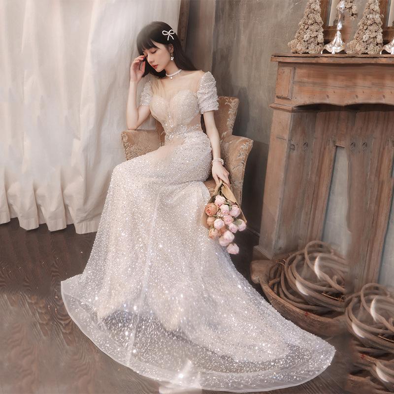 

Ethnic Clothing Elegant Champagne Sparkly Sequins Tailing Evening Dress Woman Short Sleeves Floor-Length Party Formal Gown