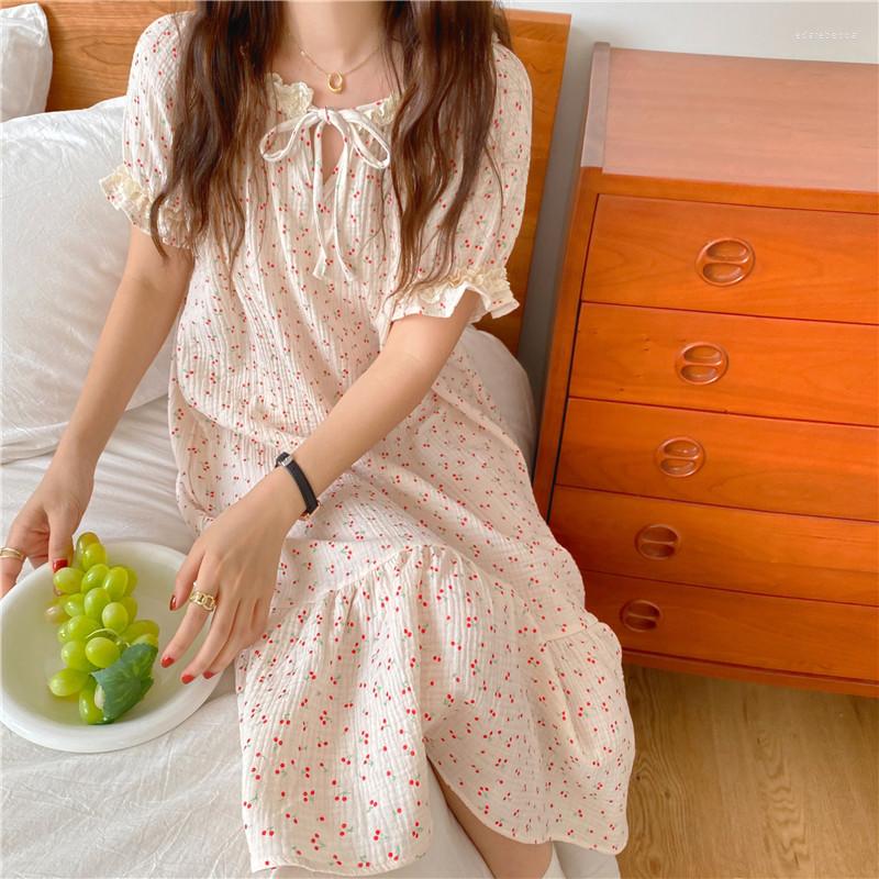 

Women's Sleepwear Summer Nightdress 3 Color Cherry Print Cotton Women Nightgowns Lace Loose Short Sleeve Cute Clothes Homewear, Blue