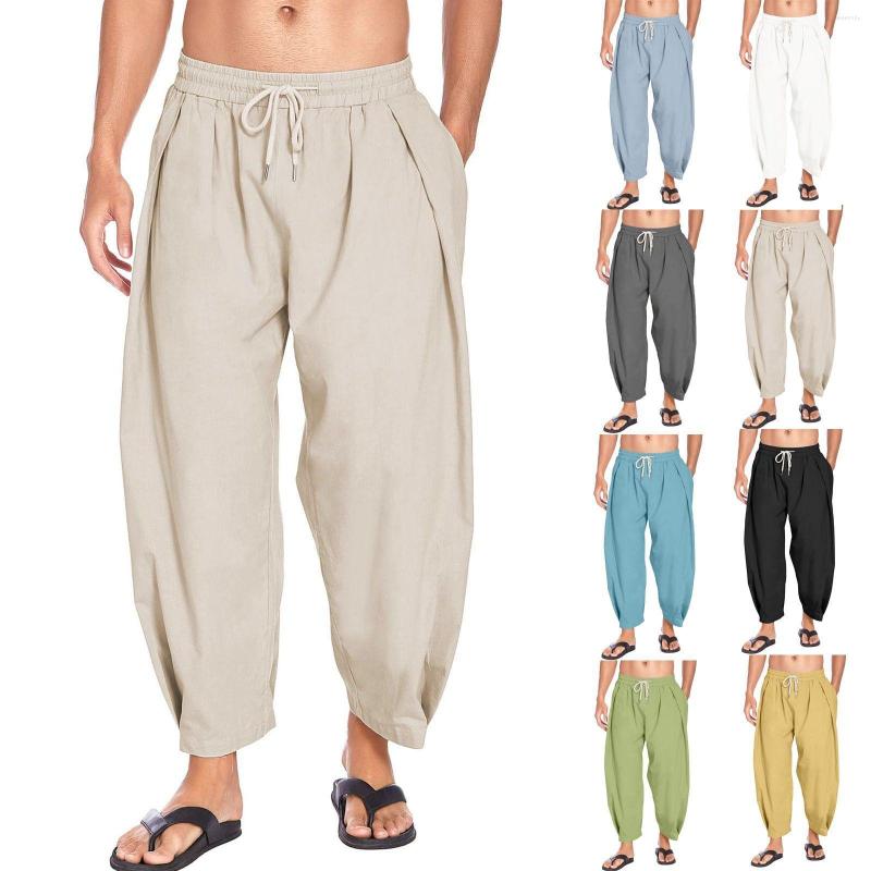 

Men' Pants Men' Cotton Casual Light Loose Beach Yoga Belt Pocket Linen Male Harem Breathable Summer Trousers Fitness Streetwear