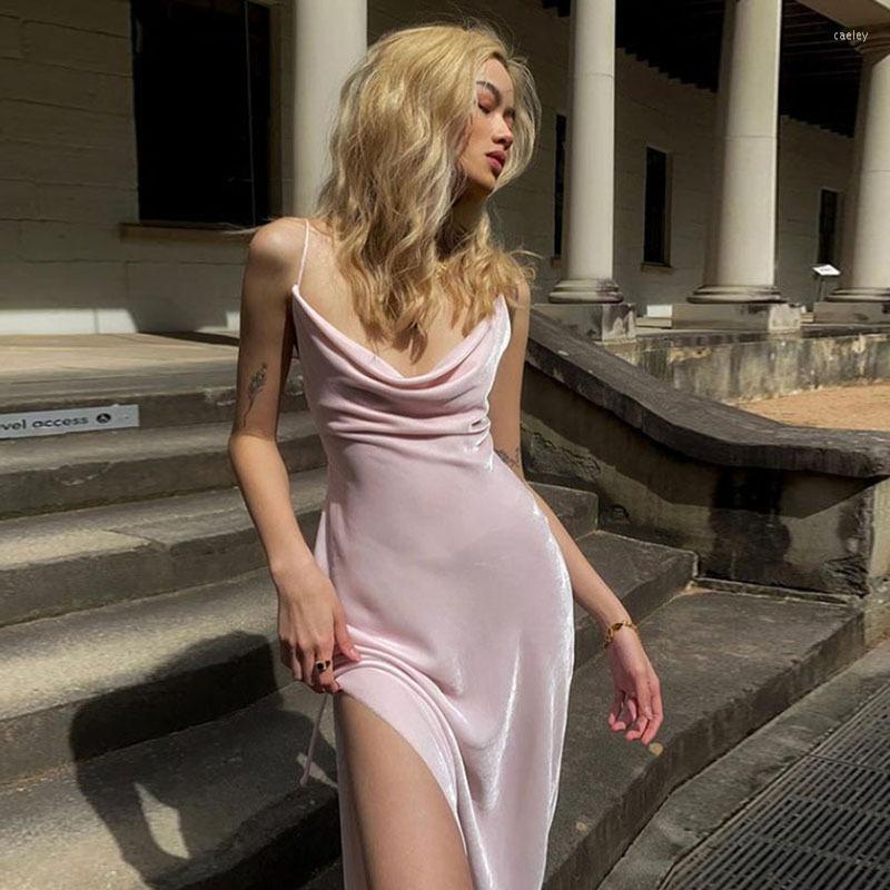 

Casual Dresses Summer Women' Dress 2023 Satin Halter Elegant Slim Long Sexy Low-cut High Waist Bag Hip Slit Sling Rode Clothes, Pink