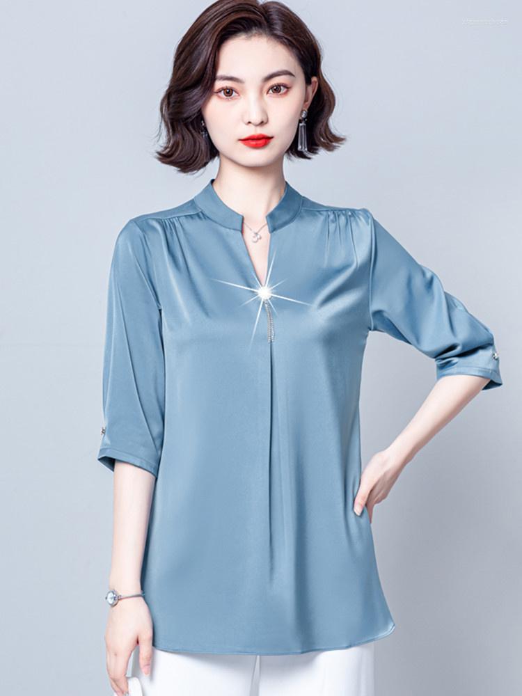 

Women's Blouses Satin Women's Blouse Fashion Solid Tops For Women Half Length Sleeve Top V-neck Loose 2023 Female Clothing OL Basic Sexy, Green
