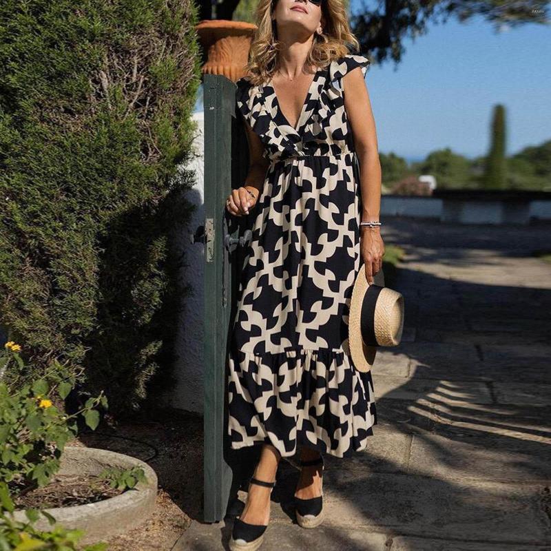 

Casual Dresses Women Loose Bohemian Floral Dress Short Sleeve Long Maxi Summer Beach Swing, Black