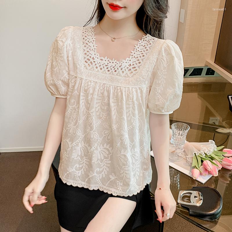 

Women' Blouses 2023 Fashion Women Shirt Patchwork Lace Blouse Square Neck Loose Sweet Hollow Out Tops Blusa, White