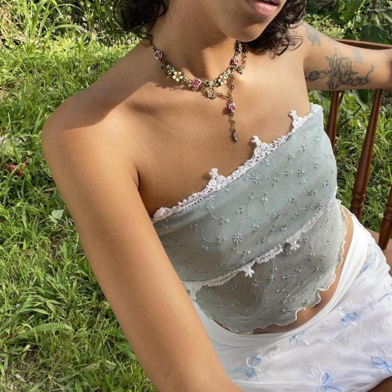 

Women' Tanks Lace Mesh Patchwork Y2K Retro Tube Cropped Tops Clubwear Summer 2023 Sexy Women See Through Strapless Tank Mini Vest