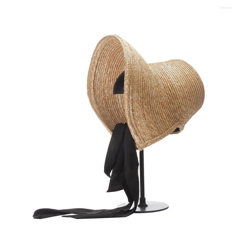 

Wide Brim Hats 202301-HH5077 Chic Drop Countryside Lolita Style Handmade Straw Lady Sun Cap Women Leisure Holiday Beach Hat, Beige
