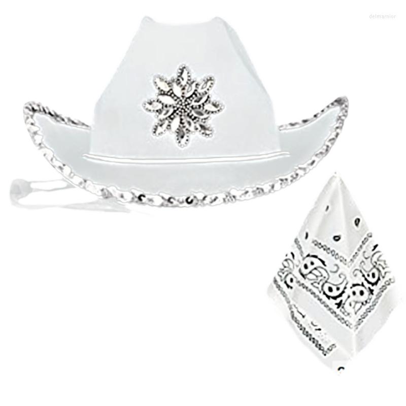 

Berets Mens Western Cowboy Hat Bandana Set Rhinestones Sequins Decors Cowgirl And Scarf  Fit For Most Men Women, White