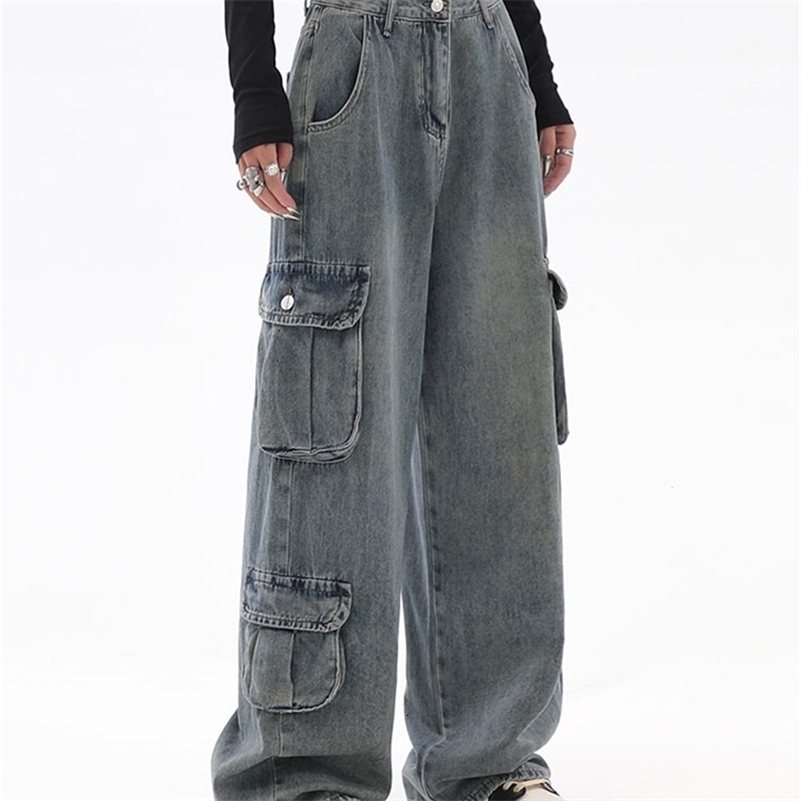 

Women's Jeans Blue Cargo Pants Women Casual Hippie Denim Trousers Baggy Low Waist Mom Jeans Women Vintage Y2k 90s Grunge Streetwear 230413