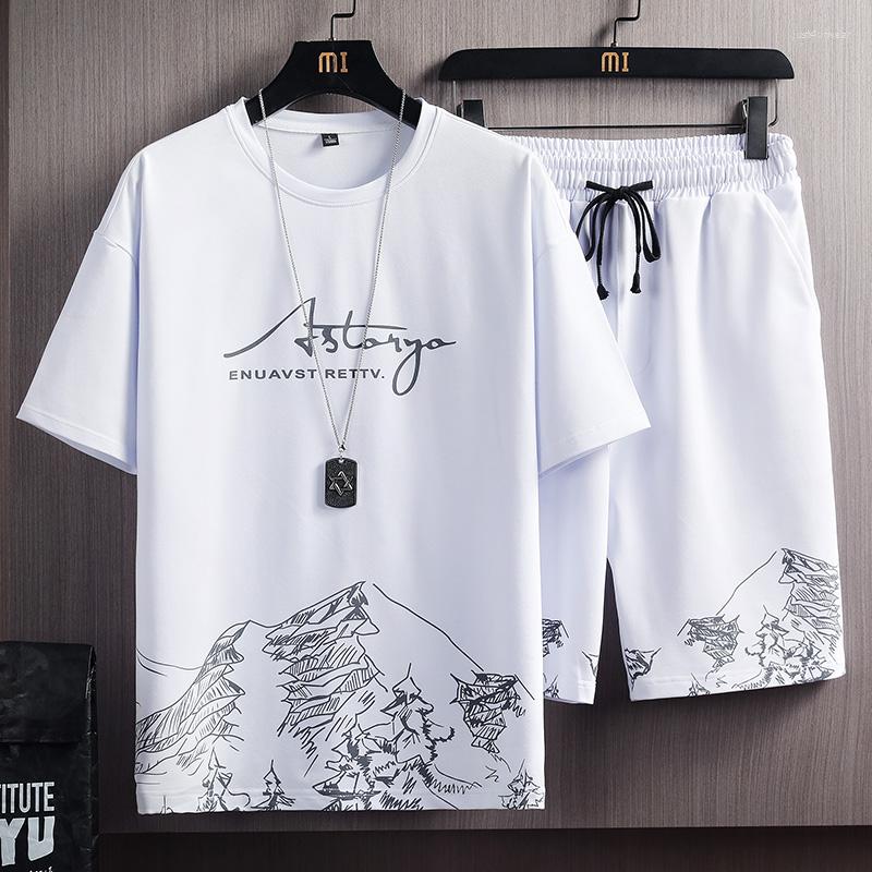 

Men's T-shirt & Sports Shorts Tracksuits Summer Breathable Casual T-shirt Running Set Fashion Harajuku Printed Male Sport Suit, Hh0815 white