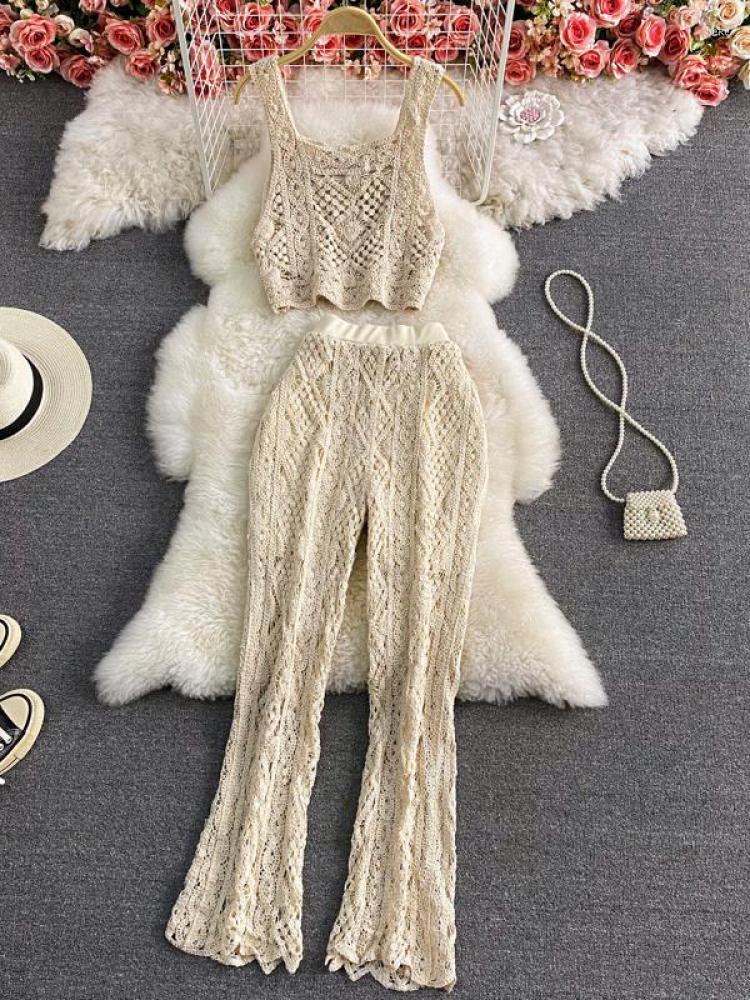 

Women's Two Piece Pants 2023 Suits Women Summer Sexy Sleeveless Hollow Out Knitted Short Strap Tops Long Flare Boho Beach Clothing, Beige