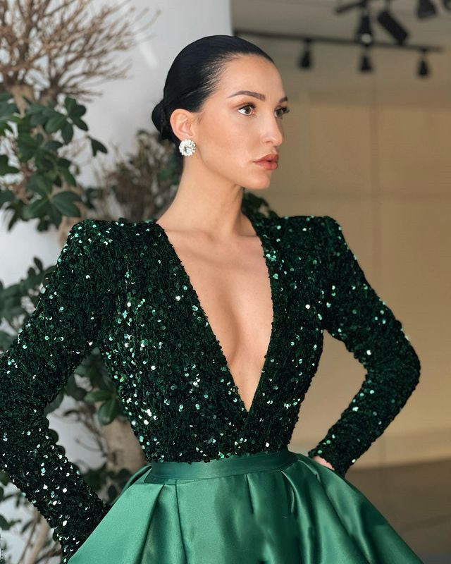 

Dark Green Sequined Long Sleeve Prom Dresses A Line Satin Split Long Party Dress Plunging Neck vestidos de festa Women Formal Evening Gowns, Dark navy