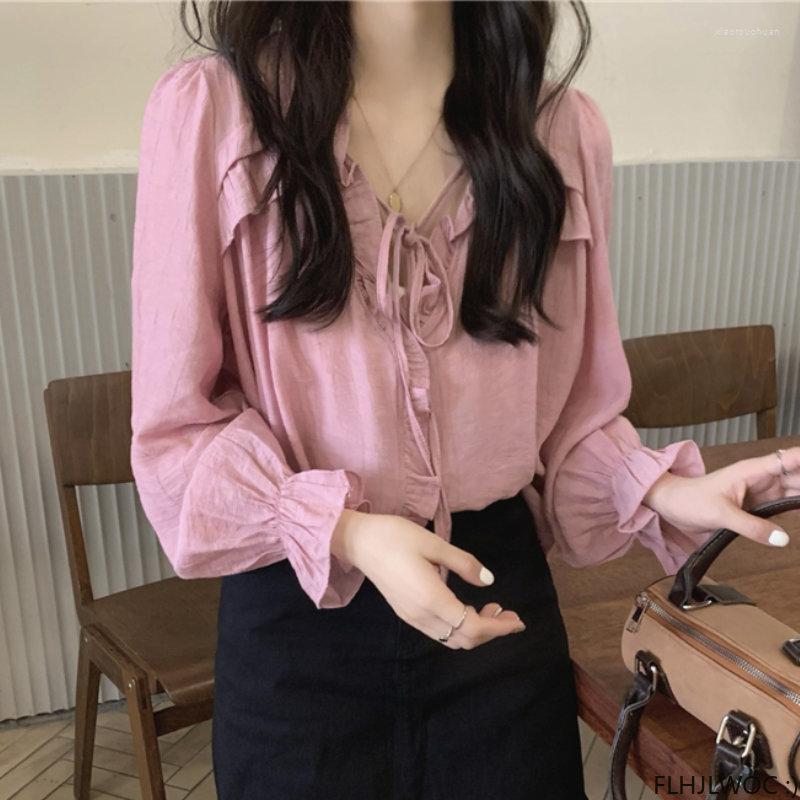 

Women's Blouses 2023 Spring Cute Sweet Girls Ruffles Women Tops Blusas Preppy Style Retro Chic Korea Japan Button Pink Bow Tie Shirts