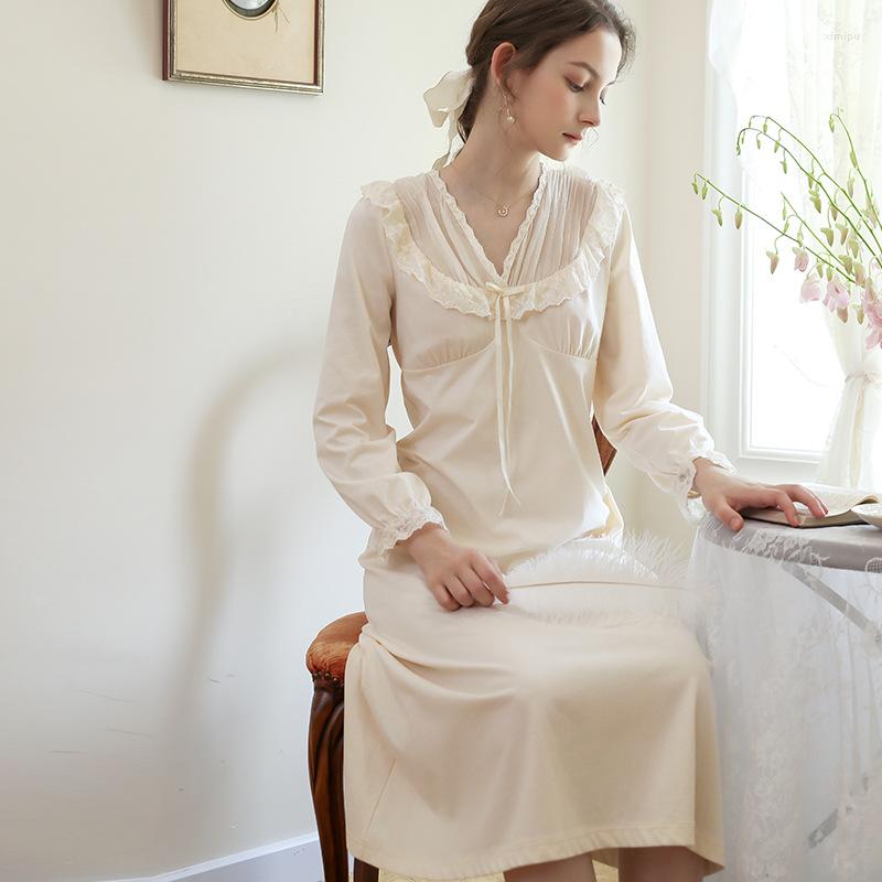 

Women' Sleepwear Sweet Princess Dress Women Cotton Nightgown Sexy V-Neck Nightdress Long Sleepshirt Skirt Bud Lace Floral Summer Bride Home, Color 1