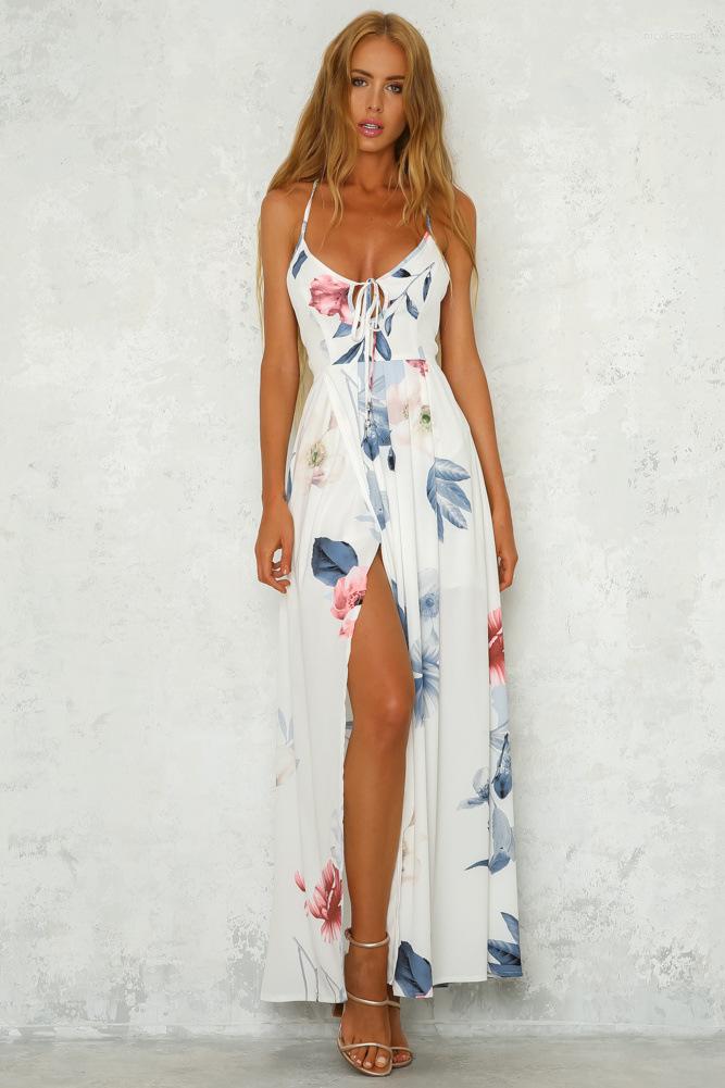 

Casual Dresses Fashion Women Floral Printed Midi Dress Female Evening Party V Neck Summer Beach Sundress Bohemian Long, White