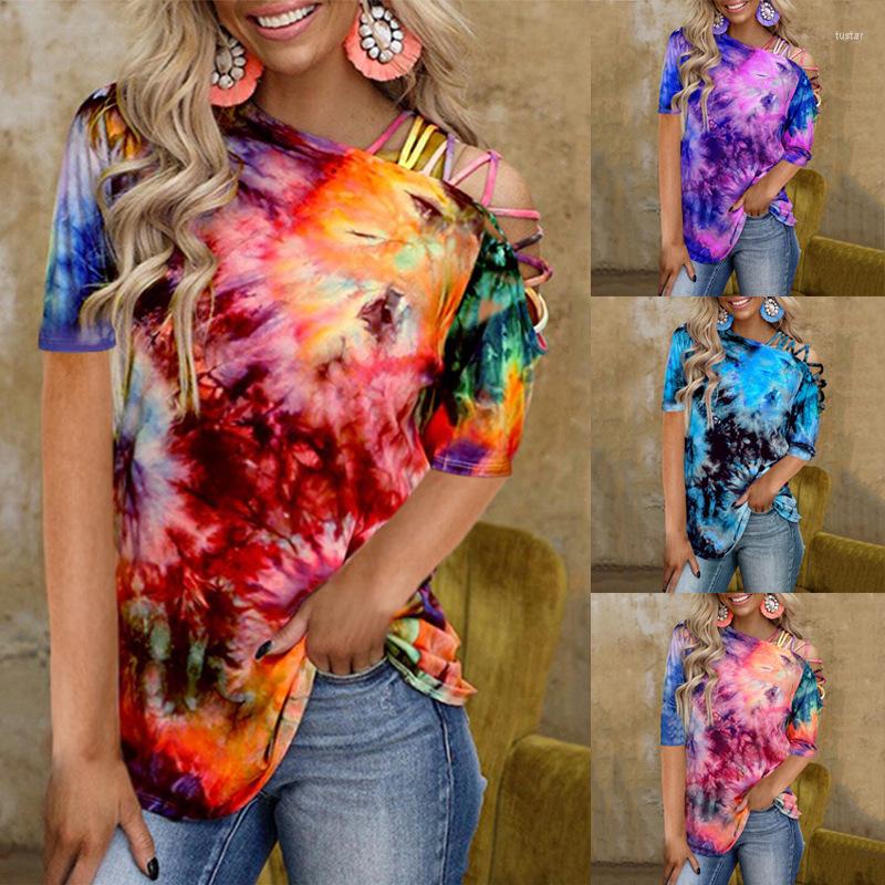 

Women' T Shirts 2023 Summer Tie-dye Print Short Sleeve Off-the-shoulder Sexy Casual Loose T-shirt Women Tops Tees Streetwear Y2k, Flower type one