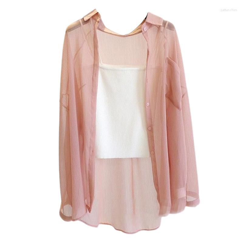 

Women's Blouses Women Long Sleeve Lapel Button Down Blouse Cardigan Plain Solid Color Sheer Chiffon Shirts Casual Loose Beach Cover Up, White