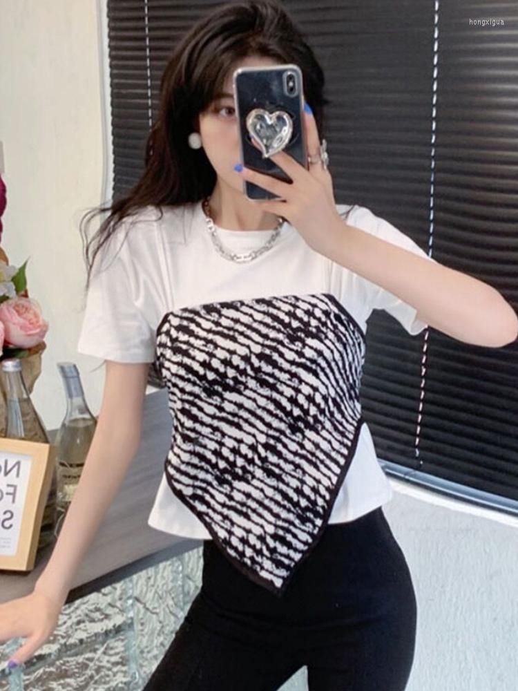 

Women's T Shirts Woherb Chic Fake Two Tshirts For Women 2023 Ropa Mujer Fashion Tunic Contrast Color Y2k Cropped Tops Casual Summer O Neck, Black