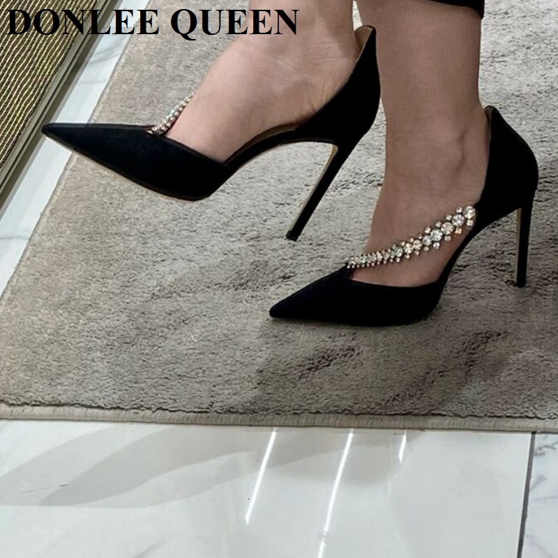 

Dress Shoes Fashion Brand Crystal Embellished High Heels Shoe Pointed Toe Wedding Party Pumps Black Suede Sandal 230413, Black 8cm