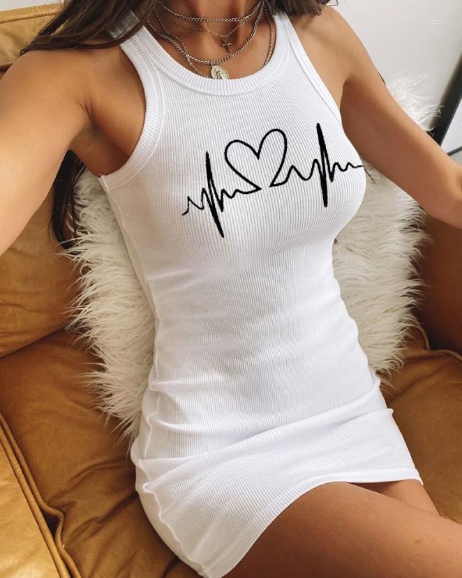 

Casual Dresses Summer Mini Dress Women' Valentine' Day Heart Print Ribbed Tank Top Bodycon Club Elegant Slim