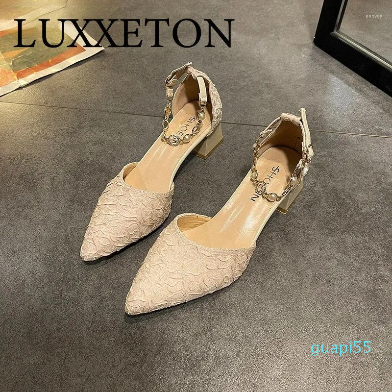 

Sandals Women Heels Pointed Toe Temperament Thick-heeled High-heeled Shoes 4 Cm Elegant Pearl Chain Hollow Ladies, Cream color