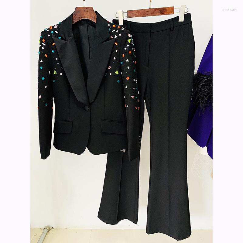 

Women' Two Piece Pants High Street Fashion Pantsuits Colorful Single Button Rhinestones Blazer Flare 2 Set Women Casual Occupation Suit, Black